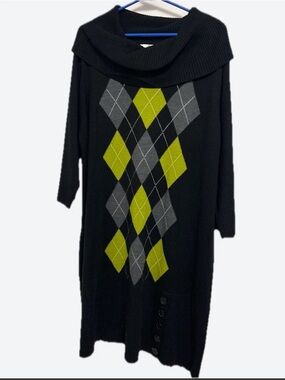 Studio One Black Cowlneck Sweater Dress with Green and Gray Argyle